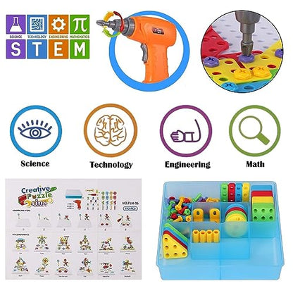 STEM Drill & Build Kit for Kids Ages 3-8 | Electric Toy Drill with 193+ Pieces (Screws, Nuts, Rainbow Fasteners) | Creative Design Construction Toys for Boys Girls | Gift for Birthdays, Christmas