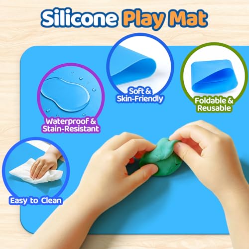 Dough Play Tools Sets for Kids, 35Pcs Clay and Dough Tools Accessories Set with Silicone Mat & Storage Box, 3D Dino Molds, Animal Cutters, Dough Extruder, Rolling Pins for Boys Girls