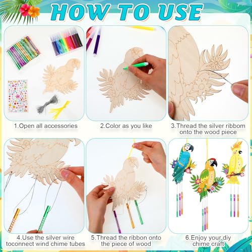 Amyhill 16 Pack Bird Wind Chimes Craft Kit, DIY Painting Wooden Art, Gifts - style: Parrot Bird