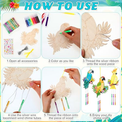 Amyhill 16 Pack Bird Wind Chimes Craft Kit, DIY Painting Wooden Art, Gifts - style: Parrot Bird