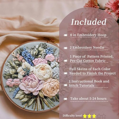 FONNUY Bouquet Flowers Embroidery Kit for Beginners, Pre-Stamped Pattern Kits for Adults with Hoop, Easy to Follow Color Thread Needlework, 8'' Hoop (Heartwarming) - style: Heartwarming