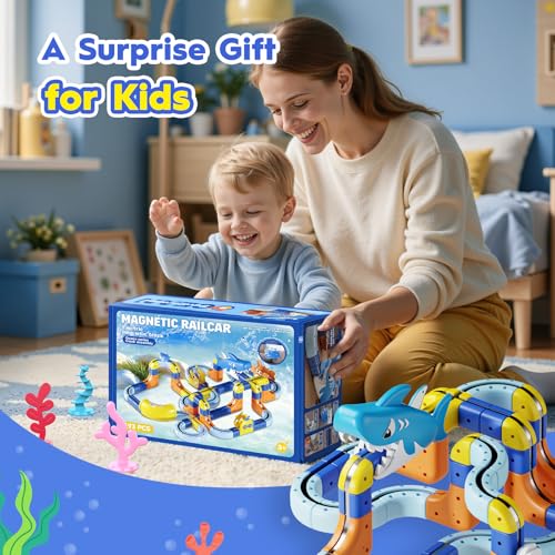 193PCS Magnetic Train Set: Shark Toys 3D Infinity Racer Electric Train Set for Kids Flexible Cube Rail Train Track with Anti-Gravity Train STEM Toys Gifts for 3 4 5 6 7 8 Year Old Boys Girls - size: Deluxe Set(193PCS)