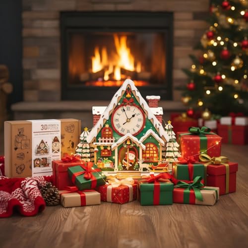 3D Puzzles for Adults, Christmas Snow House Wall Clock 3D Wooden Puzzles Clock Kits for DIY Birthday Gift for Women Men Home Decor Holiday Christmas - color: Christmas Snow House