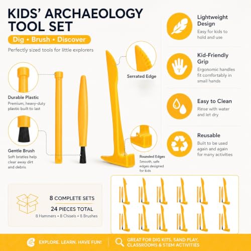 Dinosaur Excavation Dig Tool Kit for Kids, 8 Sets with Hammer Chisel Brush