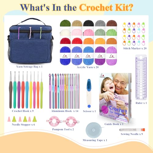 Aeelike Crochet Kit for Beginners Adults, Complete Yarn Kit, Navy - color: Blue