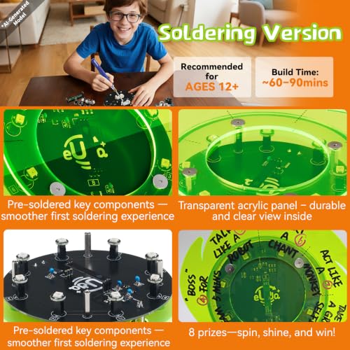 eUda+ STEM Interactive Lucky Wheel for 12-14-16-18+ Craft Kits for Teens 14-16 Stem Build Kits Ages 15-18 Physics Kits for 13-15 Year Old Soldering Practice Kit for Beginners (Soldering Version, RRM) - size: Round-Rumble Meow (RRM)