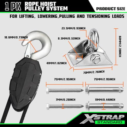XSTRAP STANDARD 50 Feet Rope Hoist, Heavy-Duty 2000LB Break Wheel Block - color: 50 Ft+ Black+1 Swing Hanger
