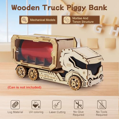 3D Wooden Puzzle for Adults, Mechanical Piggy Bank Car Puzzle, DIY Vehicle Model Building Kit Handicraft Wood Craft Hobbies Toy, Birthday for Hobbyist 14+ Family Women Men, 156 Pcs - style: Fuel Tanker (Piggy Bank Car)
