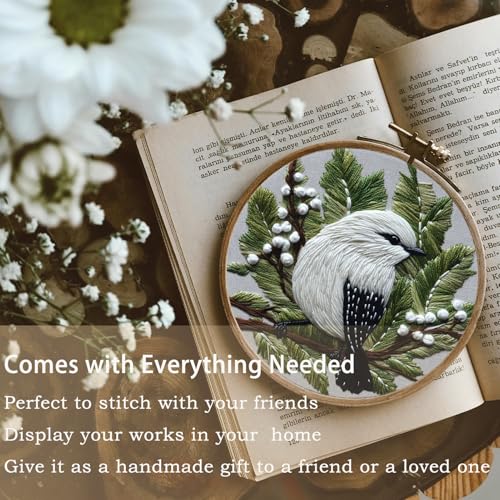 FONNUY Wild Birds Embroidery Kit, Pre-Stamped Green Tree Bird Patterns Kits for Adults and Beginners, Handmade DIY Crafts Set, Color Thread Needlework, 8'' Hoop (Snow Feather on Pine) - color: Snow Feather on Pine