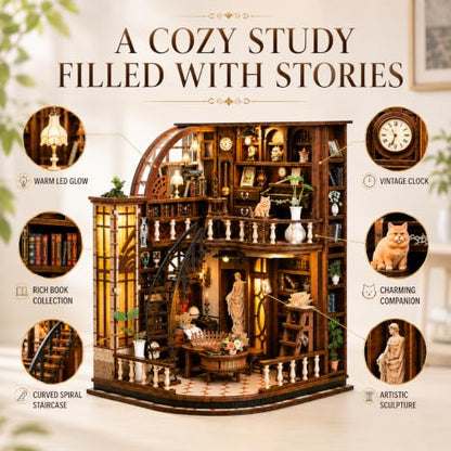 Book Nook Kit-DIY Miniature House for Adult and Teen Beginners, 3D Wooden Library Dollhouse with LED Light, Bookshelf Decor (Basque Study)