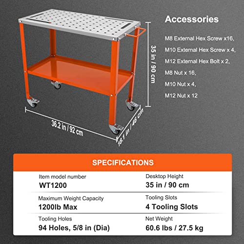 VEVOR Welding Table 36"x18", 1200lbs Load Capacity Steel Welding Workbench Table on Wheels, Portable Work Bench with Braking Lockable Casters, 4 Tool Slots, 5/8-inch Fixture Holes, Tool Tray