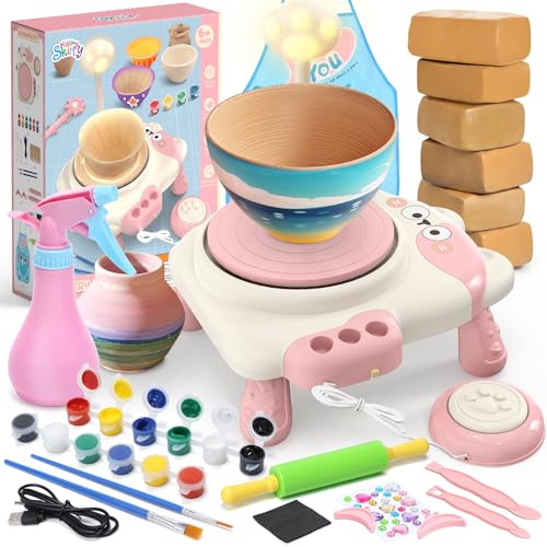 Pottery Wheel for Kids with Foot Pedal, Air Dry Clay Craft Kit Ages 6+ - color: Pink C