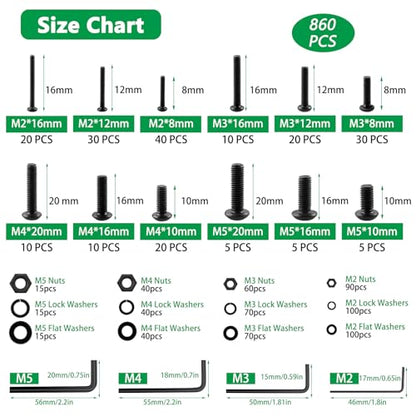 860Pcs M2-M5 Metric Screws, 10.9 Alloy Steel Hex Bolts & Nuts Kit - size: M2 M3 M4 M5 860pcs 2