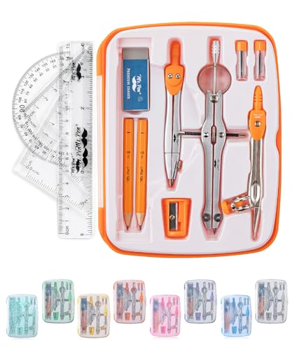 Mr. Pen- Geometry Set, 13 pcs, 3 Metal Compasses, Protractor, 6" Ruler | 45° & 30°/60° Set Squares, Pencils, Lead Refills, Sharpener & Eraser for Math, Drafting & Classroom Use - color: Orange