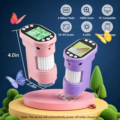 Kids Digital Microscope, 1000X Handheld Pocket Microscope STEM Science Toy - color: Pink