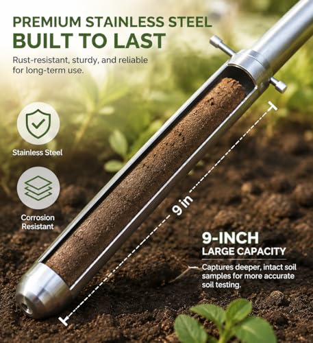 36" Soil Sampler Probe,Stainless Steel Soil Sampler Tool,Soil Core Sample Bags Soil Probe Tester, T-Handle Soil Test Kit Soil Probe with Foot Pedal for Soil Sampling Garden Lawn Farm