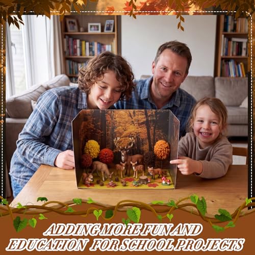 AmazingSpark 2 Set Fall Forest Animals Diorama Box and Fake Grass Decor, Woodland Figures Diorama Project Supplies Set, Cardboard Display Case Kit with Double Sided Tapes for DIY Crafts - style: Fall