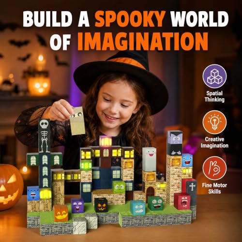 Veecafiodi Halloween Magnetic Building Blocks with Lights, 137PCS Magnetic Blocks STEM Construction Set for Kids Ages 4-8, Spooky Building Toy, Birthday Gift for Boys Girls - color: Multicolor