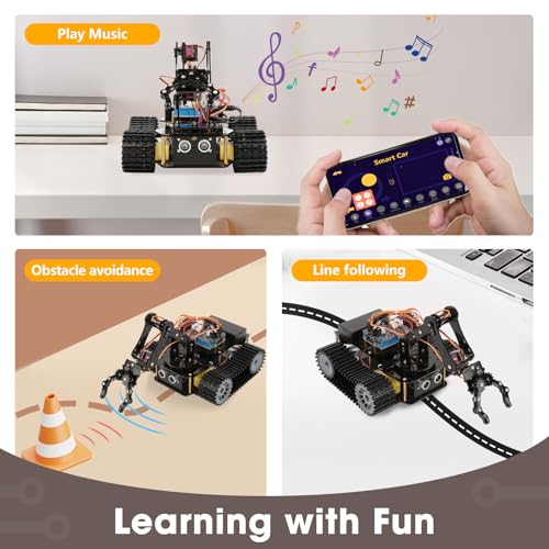 4 in 1 Robotics for Kids Ages 12-16, Smart Robot Arm with 5DOF + Tank Car, STEM Toys Compatible with Arduino & Scratch & Python, App & Remote Control, Gift for Kids & Teens & Adult - color: Black-a