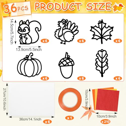 Qyeahkj 36 Set Fall Suncatchers Crafts for DIY Autumn Leaf Pumpkin Acorn Squirrel Window Tissue Paper Craft Kit Hanging Decor for Home Activity Art Project Birthday Party Favor Gift - style: Autumn