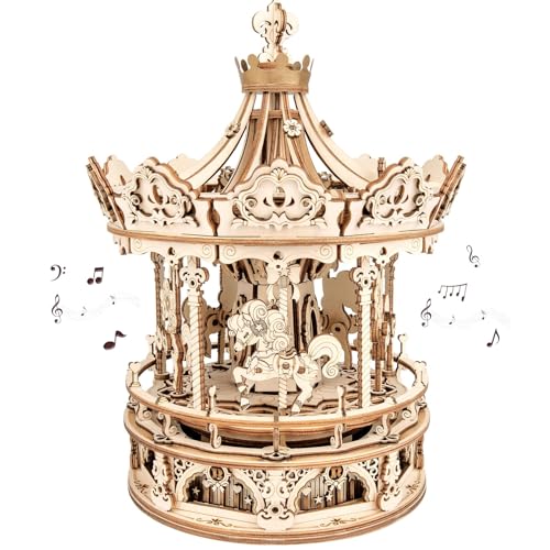 ROKR 3D Wooden Puzzles Music Box - DIY Model Building Kit Mechanical Merry-go-Round Exquisite Display Gifts for Teens Man/Woman Family