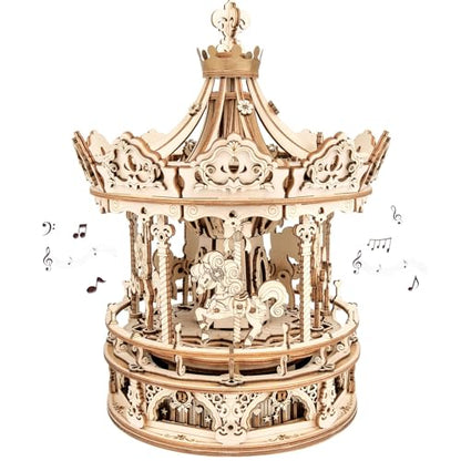 ROKR 3D Wooden Puzzles Music Box - DIY Model Building Kit Mechanical Merry-go-Round Exquisite Display Gifts for Teens Man/Woman Family