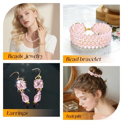 1500 Pcs Crystal Glass Beads for Jewelry Making – 12 Styles Bicone, Rondelle, Cube, Teardrop & 3mm Spacer Beads, DIY Bracelet Necklace Earring Craft Kit with Organizer Box(Pink) - color: Pink