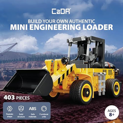 CADA Bricks Front Loader Tractor Building Kit – 403 Pieces Mini Engineering Loader Construction Set with Articulated Steering and Moving Bucket - color: Front Loader