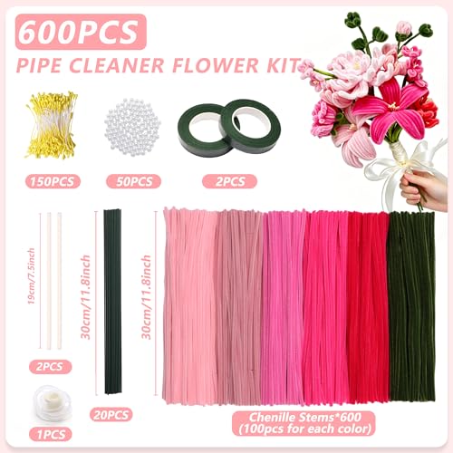 600 PCS Pipe Cleaners Craft Bulk, 6 Pastel Colors Pipe Cleaner Flower Kit, Chenille Stems with Floral Wires, Gardening Tape, Stamen&Ribbon, DIY Art and Craft Supplies(Rose Pink） - color: 600PCS-Rose Pink