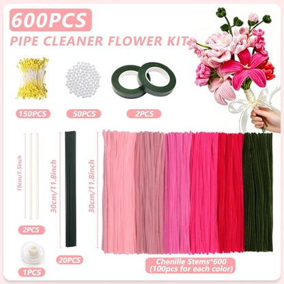 600 PCS Pipe Cleaners Craft Bulk, 6 Pastel Colors Pipe Cleaner Flower Kit, Chenille Stems with Floral Wires, Gardening Tape, Stamen&Ribbon, DIY Art and Craft Supplies(Rose Pink） - color: 600PCS-Rose Pink