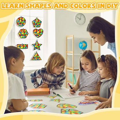 QOUBAI 32 Sets Back to School Geometric Recognition Suncatchers Craft DIY Window Stained Glass Effect Star Paper Crafts Home School Classroom Decor Kid Birthday Gift Creative Art Project Activity Game - style: Geometry