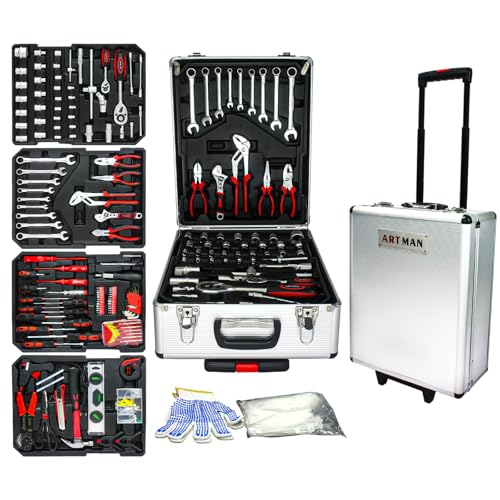 Home Tool Set Kit -899 PCS Home Auto Repair Tool Kit with Rolling Tool Box, Complete Hand Tool Set, Perfect for Homeowner, Diyer, Handyman - color: Silver