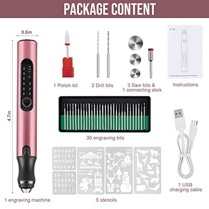 Electric Engraving Pen with 37 Bits, USB Rechargeable Cordless Engraving Machine, Portable DIY Rotary Engraver for Jewelry Wood Glass Stone Carving (Rose red)