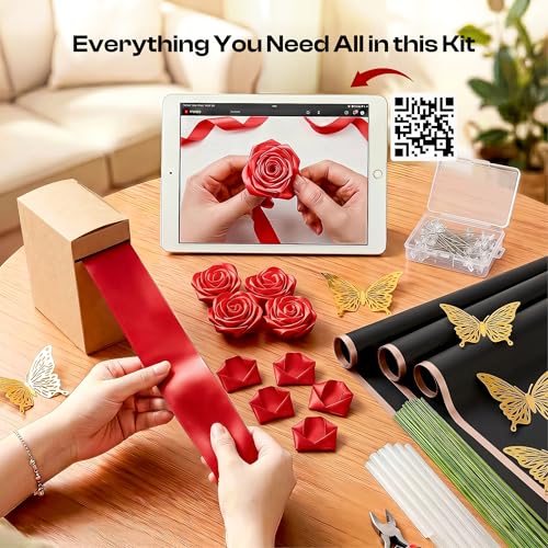 Caydo Red Ribbon Rose Bouquet for Gifts - color: Red
