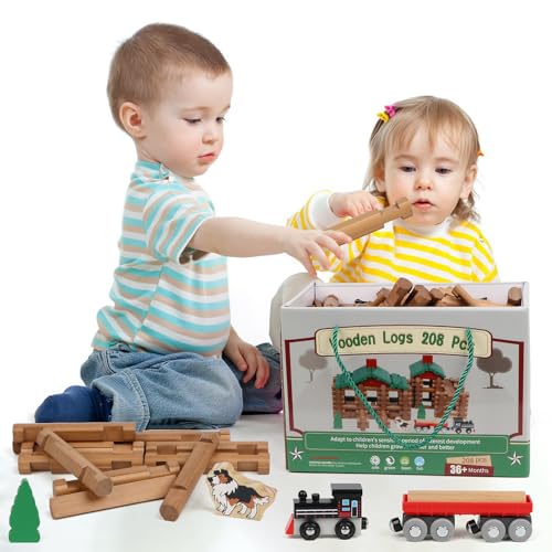 Wondertoys 208 Pcs Wooden Log Set - Classic Building Logs Ages 3+ - Best Retro Building Gift Set for Boys - Creative Construction Engineering Educational Gifts - style: 208PCS Classic