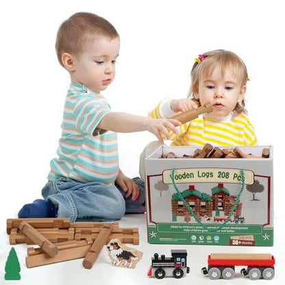 Wondertoys 208 Pcs Wooden Log Set - Classic Building Logs Ages 3+ - Best Retro Building Gift Set for Boys - Creative Construction Engineering Educational Gifts - style: 208PCS Classic