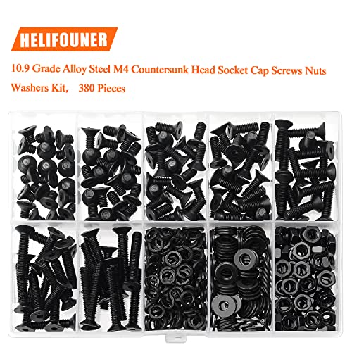 HELIFOUNER 380 Pieces M4 x 6mm /8mm /10mm /12mm /16mm /20mm /25mm, Countersunk Head Socket Cap Screws Bolts Washers Nuts Kit, 10.9 Grade Alloy Steel, Full Threaded, Black - size: M4, style: Countersunk Head