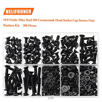 HELIFOUNER 380 Pieces M4 x 6mm /8mm /10mm /12mm /16mm /20mm /25mm, Countersunk Head Socket Cap Screws Bolts Washers Nuts Kit, 10.9 Grade Alloy Steel, Full Threaded, Black - size: M4, style: Countersunk Head
