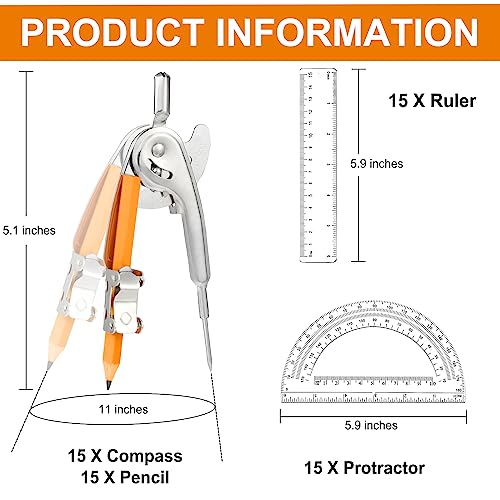 60 Pieces Geometry Math Set Compass for Geometry Math Compass and Protractor Set Include Metal Compass with Pencil Plastic Ruler and Protractor for Student School Office Woodworking Drawing Tools
