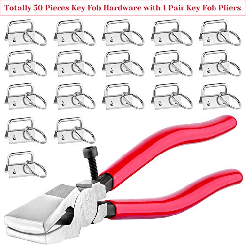 Key Fob Hardware Set, Shynek 50PCS Lanyard Key Fob Hardware 1 Inch with Key Fob Pliers Tool for Keychain and Wristlet Clamp Hardware Supplies - color: Silver