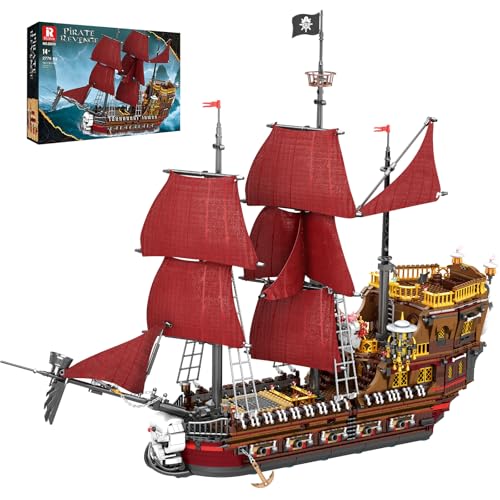 Reobrix Pirate Ship Building Set for Adults 66010, 2776PCS Large Red Sail Pirate Ship Model Kit, 34.6 in Collectible Sailing Ship Building Blocks, Display Gift for Teens Adults 14+