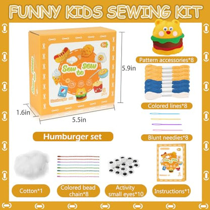 Kid Felt Sewing Kits for Beginners, DIY 8 Stuffed Food for Kids Age 5-12 - color: Hamburg Set