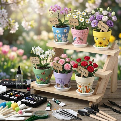 6 Sets DIY Flower Pot Painting Kit 6 White Terracotta Flower Pots with Saucer Planting Gardening Tools 12 Color Acrylic Paints Set Plant Growing Crafts Spring Garden Gift