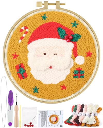 ERKOON Christmas Punch Needle Kit Adults Beginners, DIY Easy Christmas Embroidery Set for Starter Art Craft, Needling Punch Project with Patterns, Tools, Yarns, Hoop, Instruction (Santa Claus) - color: Santa Claus