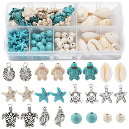 SUNNYCLUE 1 Box 12 Styles Turtle Beads Boho Style Starfish Beads Bulk Blue White Synthetic Turquoise Sea Turtles Charms Hawaii Shell Round Loose Spacers for Jewelry Making Beading Kits - color: Boho Styles Beads Kit-1