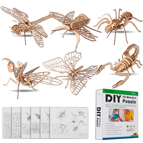 calary 3D Wooden Puzzle Simulation Animal Dinosaur Assembly DIY Model Toy for Kids and Adults,Set of 6 - style: E-Insect Assembly
