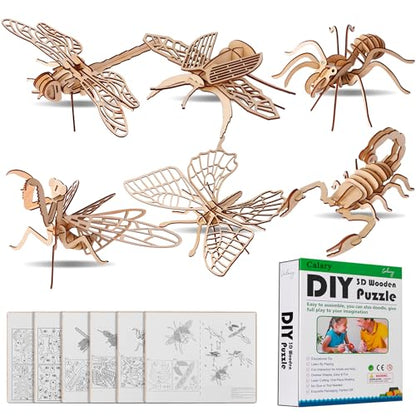 calary 3D Wooden Puzzle Simulation Animal Dinosaur Assembly DIY Model Toy for Kids and Adults,Set of 6 - style: E-Insect Assembly