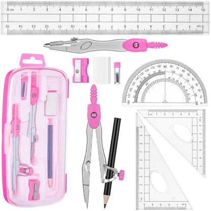 Zonon 10 Pcs Math Geometry Set for Student Compass Protractor, Pink - color: Pink