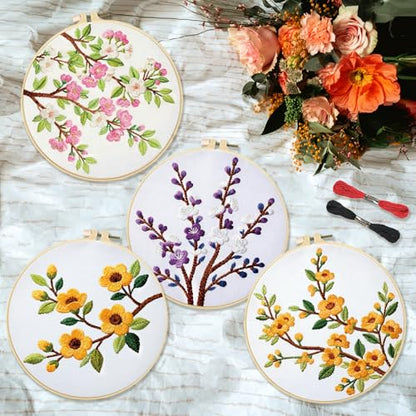 INFUNLY 4 Pack Seasons Flowers Embroidery Starter Kit for Beginners Branches Leaves DIY Embroidery Kits for Adults Stamped Needlepoint Set with Step-by-Step Instructions Threads Craft Lover Gift - style: Seasons