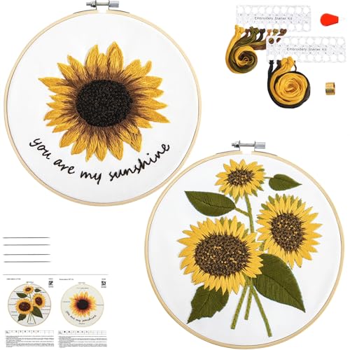 Sunflower Embroidery Kits for Beginners Adults, Floral Hand Embroidery Set Needlepoint Kits, Stamped Cross Stitch Kits for Beginners Adults, 2 Embroidery Hoops, Fabric, Thread(Attached Video Tutorial) - color: Yellow, size: 8inch